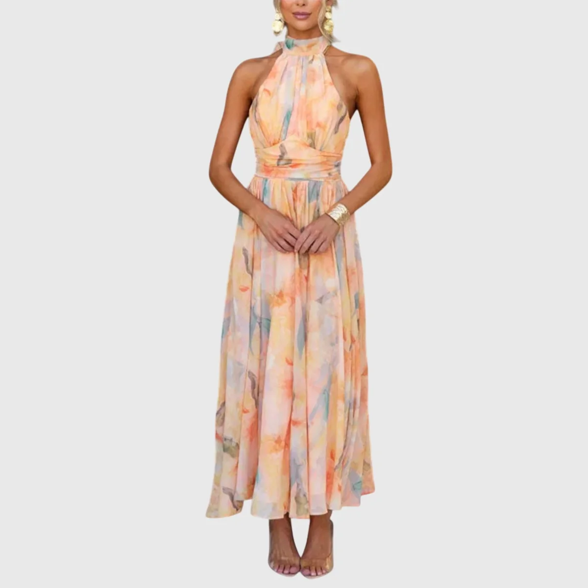 Maxi jurk dames | Luchtige zomerjurk met halter hals en print - Afbeelding 5
