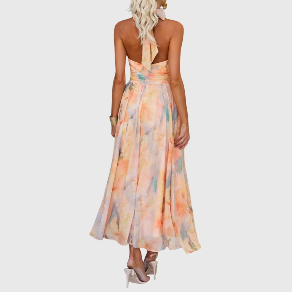 Maxi jurk dames | Luchtige zomerjurk met halter hals en print - Afbeelding 6