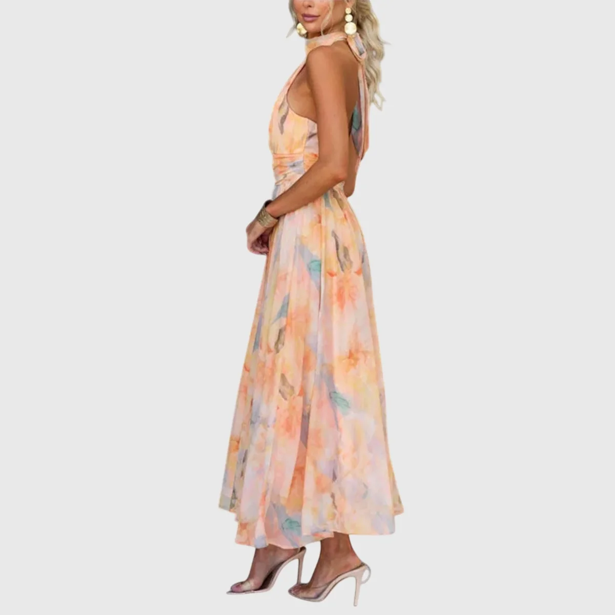 Maxi jurk dames | Luchtige zomerjurk met halter hals en print - Afbeelding 8
